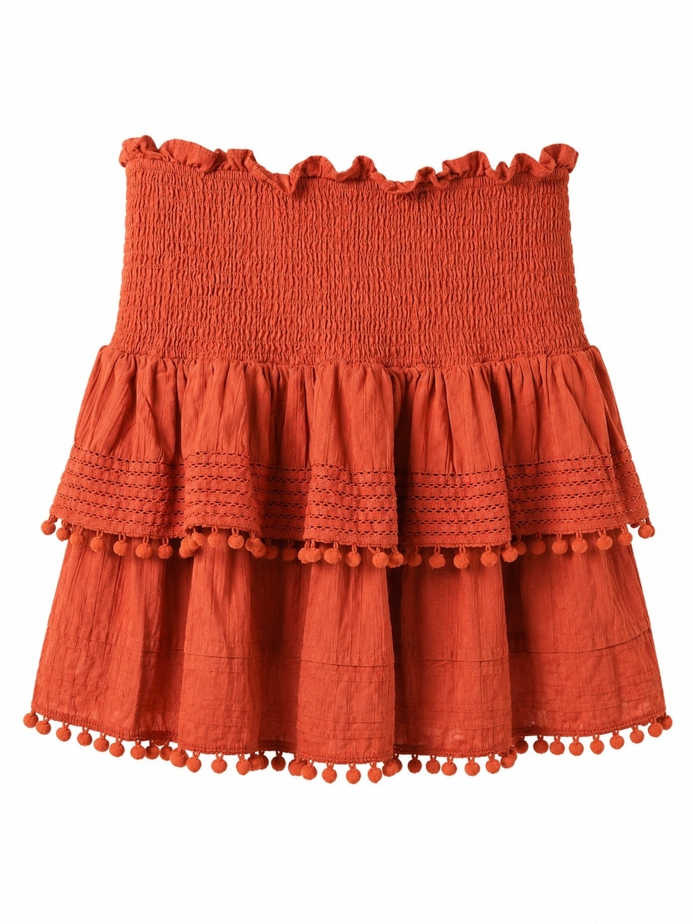 House Of Harlow 1970 Women's Smocked Tiered Boho Pom-Pom Skirt  Terra Cotta M